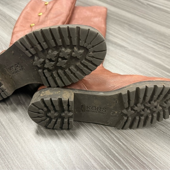 Michael Kors Tall Brown Leather Riding Boots Faux Fur Lined Snap Up Size 6 ½ M - Picture 2 of 16